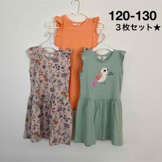 エイチアンドエム(H&M)の新品▪️H&M 肩フリルカットソーワンピース♡120 130 小鳥　花柄(ワンピース)