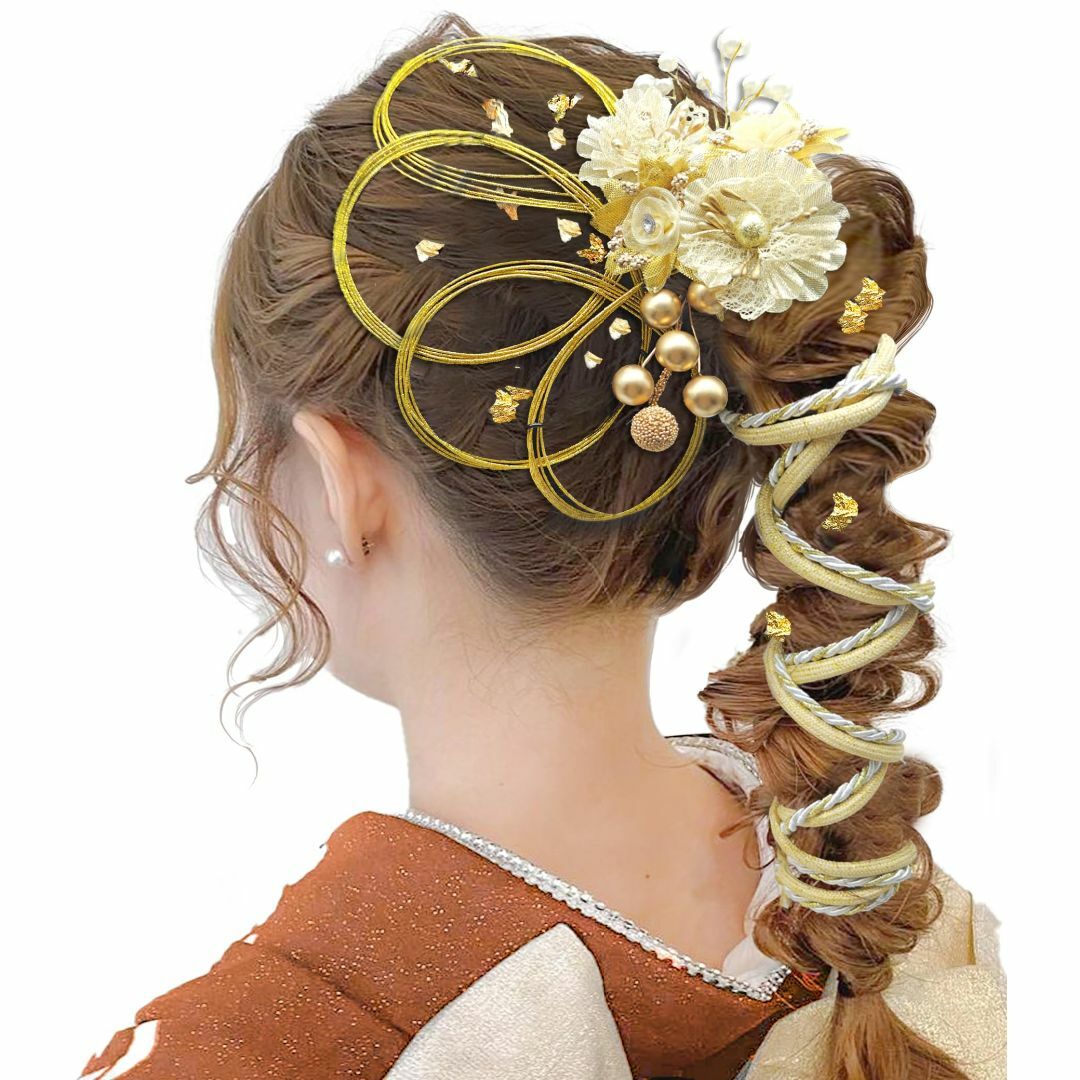 【カラー:ゴールドC】[JZOON] 髪飾り 成人式 水引 金箔 銀箔 組紐 人 レディースのファッション小物(その他)の商品写真