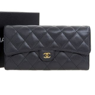 シャネル(CHANEL)の【本物保証】 箱付 シャネル CHANEL マトラッセ ココマーク ロゴ ホック付長財布 キャビアスキン ブラック シール付 24番台 A80758(財布)