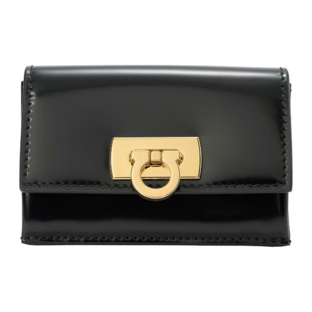 新品 フェラガモ FERRAGAMO カードケース WANDA CARD HOLDER ブラックレザーかぶせロック式開閉内側