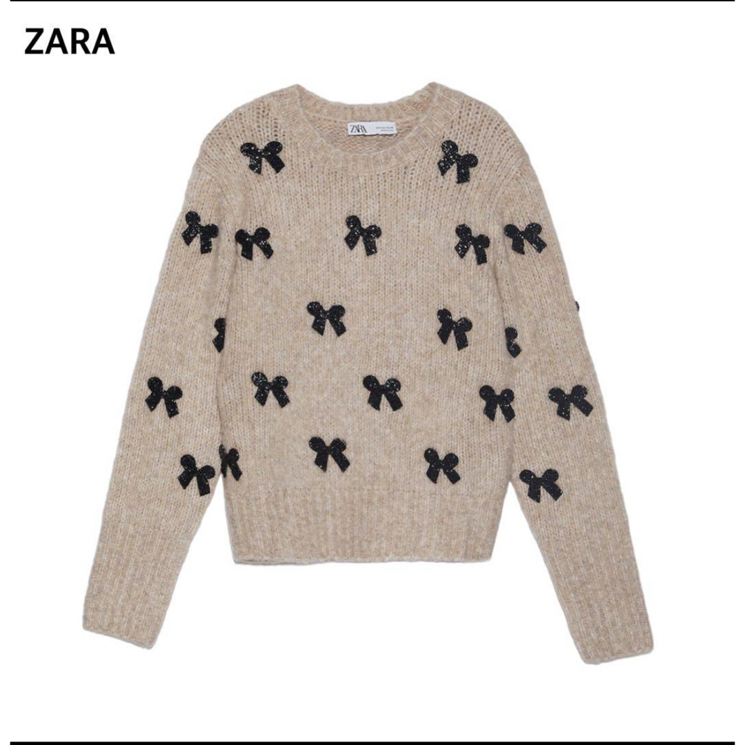 ZARA(ザラ)のZARA ザラ リボンニットトップス リボン刺繍ニット ベージュ レディースのトップス(ニット/セーター)の商品写真