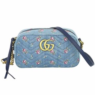 グッチ(Gucci)の本物 グッチ GUCCI GGマーモント キルティング スモール 花柄 チェーン ショルダーバッグ ポシェット デニム ブルー 447632 バッグ 中古(ショルダーバッグ)