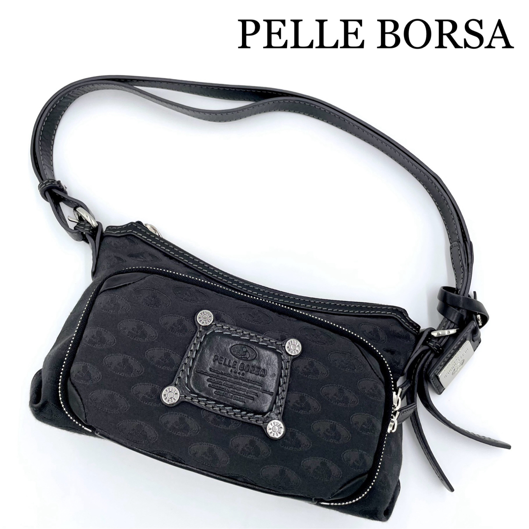 PELLE BORSAペレボルサハンドバッグブラック黒ロゴチャーム付き美品