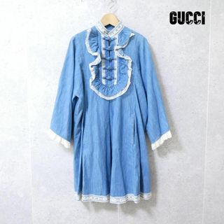 グッチ(Gucci)の美品 GUCCI ロゴ フリル ワイドスリーブ 七分袖 膝丈 ワンピース(ひざ丈ワンピース)