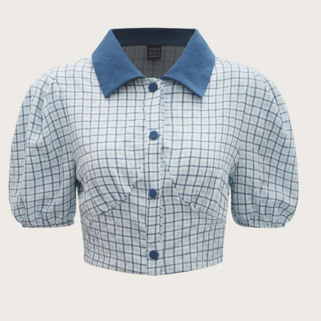 SHEIN(シーイン)のパフスリーブ 襟付き ブルー ボタン チェック シャツ トップス Tシャツ  レディースのトップス(シャツ/ブラウス(長袖/七分))の商品写真