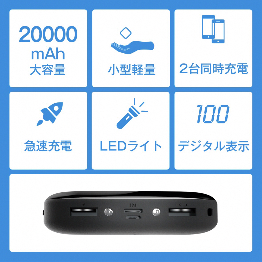 モバイルバッテリー　20000mAh 大容量　軽量　小型　iPhone ブラック スマホ/家電/カメラのスマホアクセサリー(モバイルケース/カバー)の商品写真