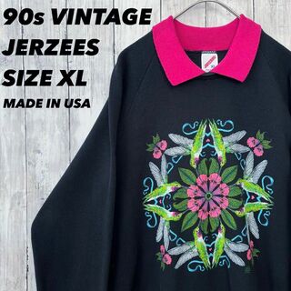 ジャージーズ(JERZEES)の90sヴィンテージ USA製古着　JERZEES襟付きプリントスエットトレーナー(トレーナー/スウェット)