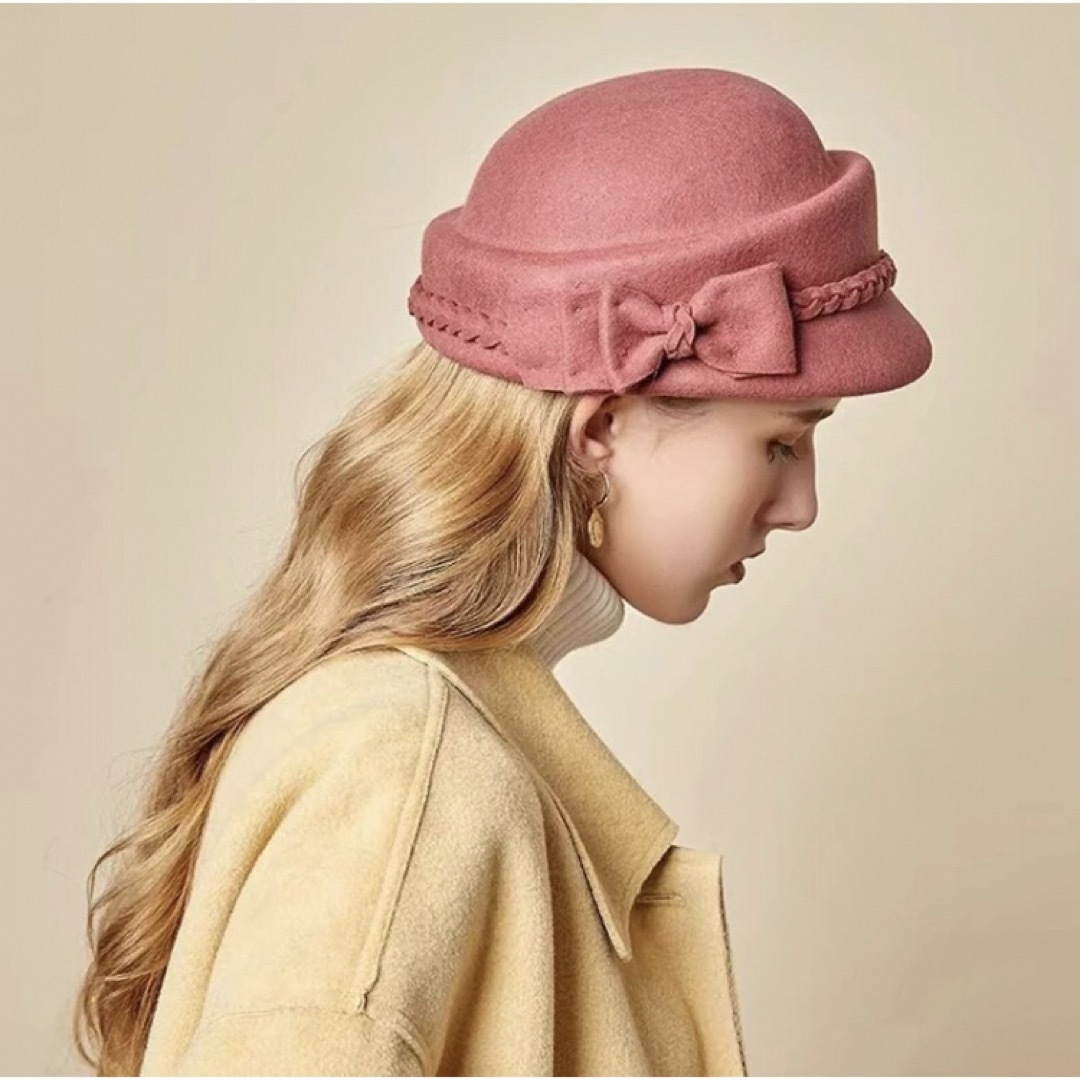 フェードハット　ワインレッド　帽子　リボン　三つ編み レディースの帽子(その他)の商品写真