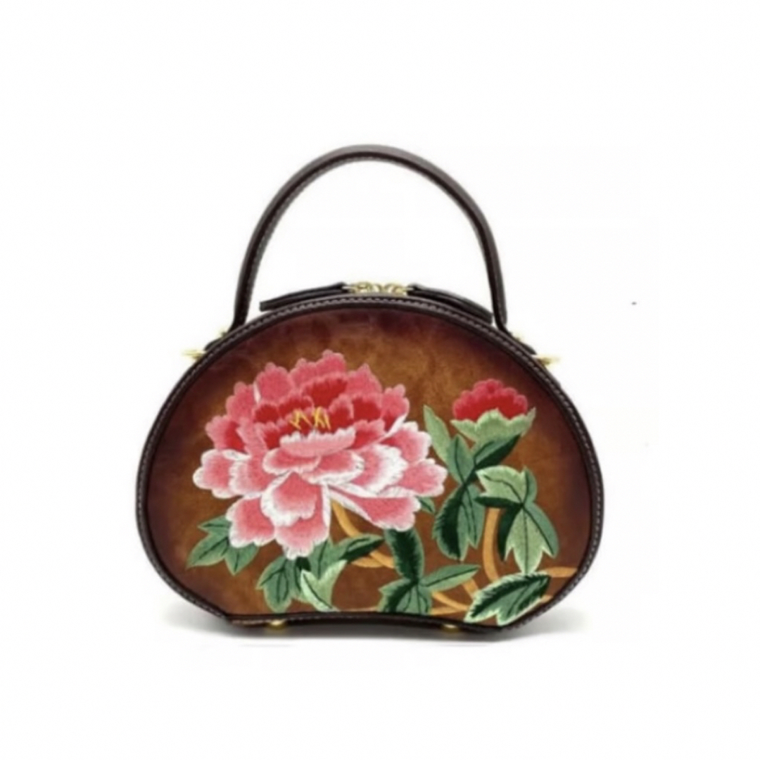 ハンドバッグ　ショルダーバッグ　革　刺繍　大正ロマン　オレンジ系 レディースのバッグ(ハンドバッグ)の商品写真