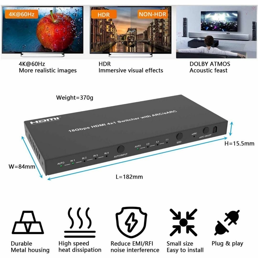 BUNGPUNG HDMI eARC 音声分離 アダプター 4 入力 1 出力 スマホ/家電/カメラのテレビ/映像機器(その他)の商品写真