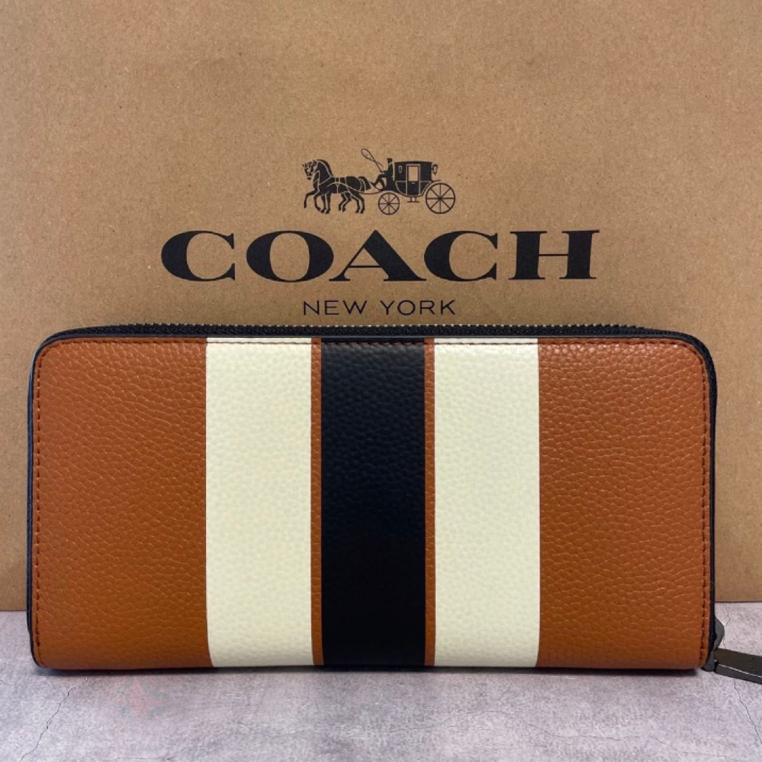 新品　COACH 長財布　ブラウン　ストライプ　ラウンドファスナー　小銭入れ有