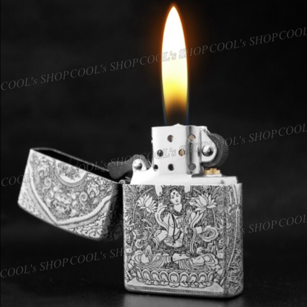 観音菩薩 五面総彫り オイルライター CHIEF シルバー zippo 銀 梵字 メンズのファッション小物(タバコグッズ)の商品写真