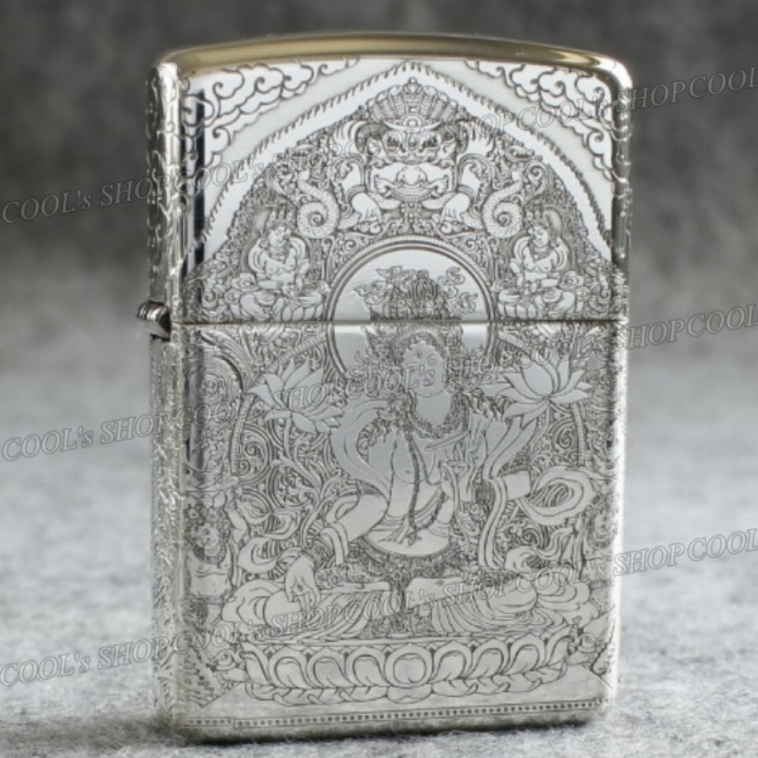 観音菩薩 五面総彫り オイルライター CHIEF シルバー zippo 銀 梵字 メンズのファッション小物(タバコグッズ)の商品写真