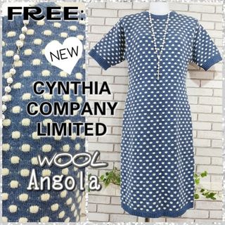 シンシア(cynthia)のFREE：未使用★アンゴラニットワンピース／CYNTHIA★ドット・ブルー(ひざ丈ワンピース)