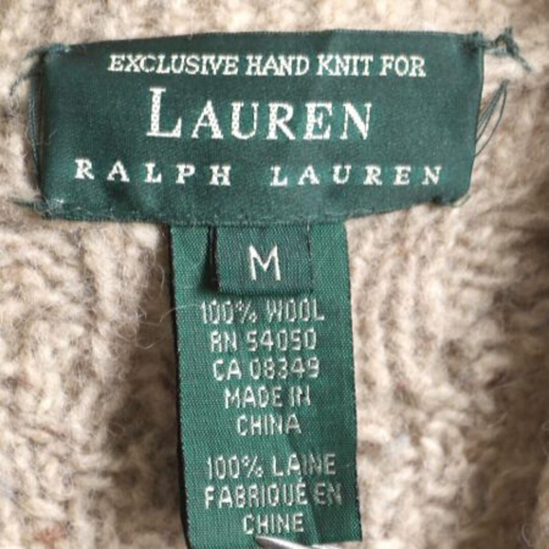 Ralph Lauren(ラルフローレン)の90s 手編み LAUREN ラルフローレン ショールカラー ケーブル ハンド ニット セーター レディース M / ポロ ウール カーディガン フルジップ レディースのトップス(カーディガン)の商品写真