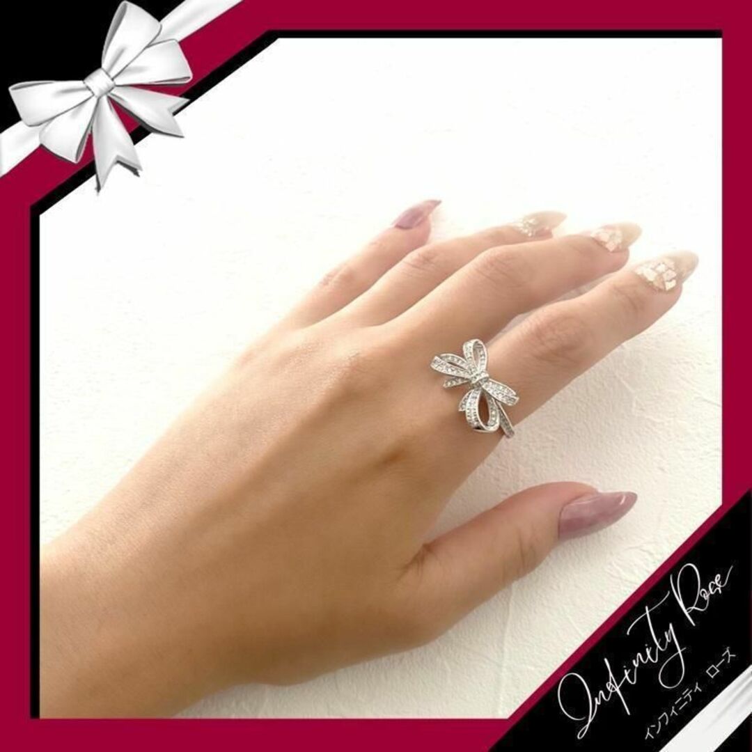 （R032S）12号　シルバー清楚な大人可愛いリボンリング　高価爪留め仕様　指輪 レディースのアクセサリー(リング(指輪))の商品写真