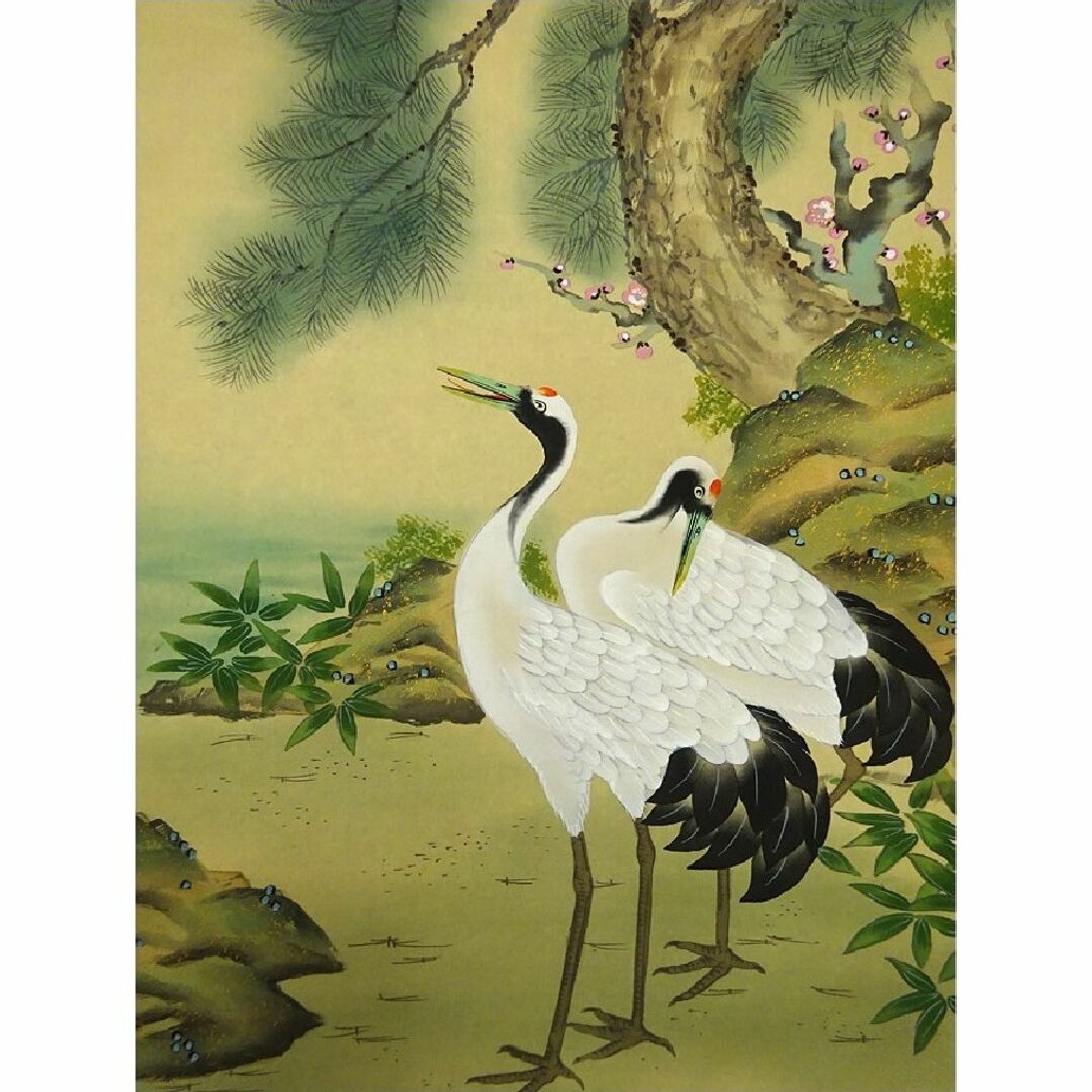 掛軸2本セット 青鳳 泰仙『水墨山水図 松竹梅鶴亀』絹本 共箱付 掛軸2本セット 青鳳 泰仙『水墨山水図 松竹梅鶴亀』絹本 共箱付