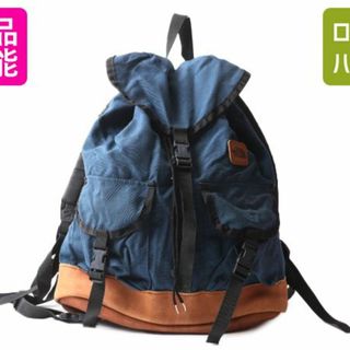 ザノースフェイス(THE NORTH FACE)の90s ノースフェイス ボトムレザー ナイロン リュック サック 古着 The North Face 90年代 オールド アウトドア デイパック 本革 レザー 紺(バッグパック/リュック)