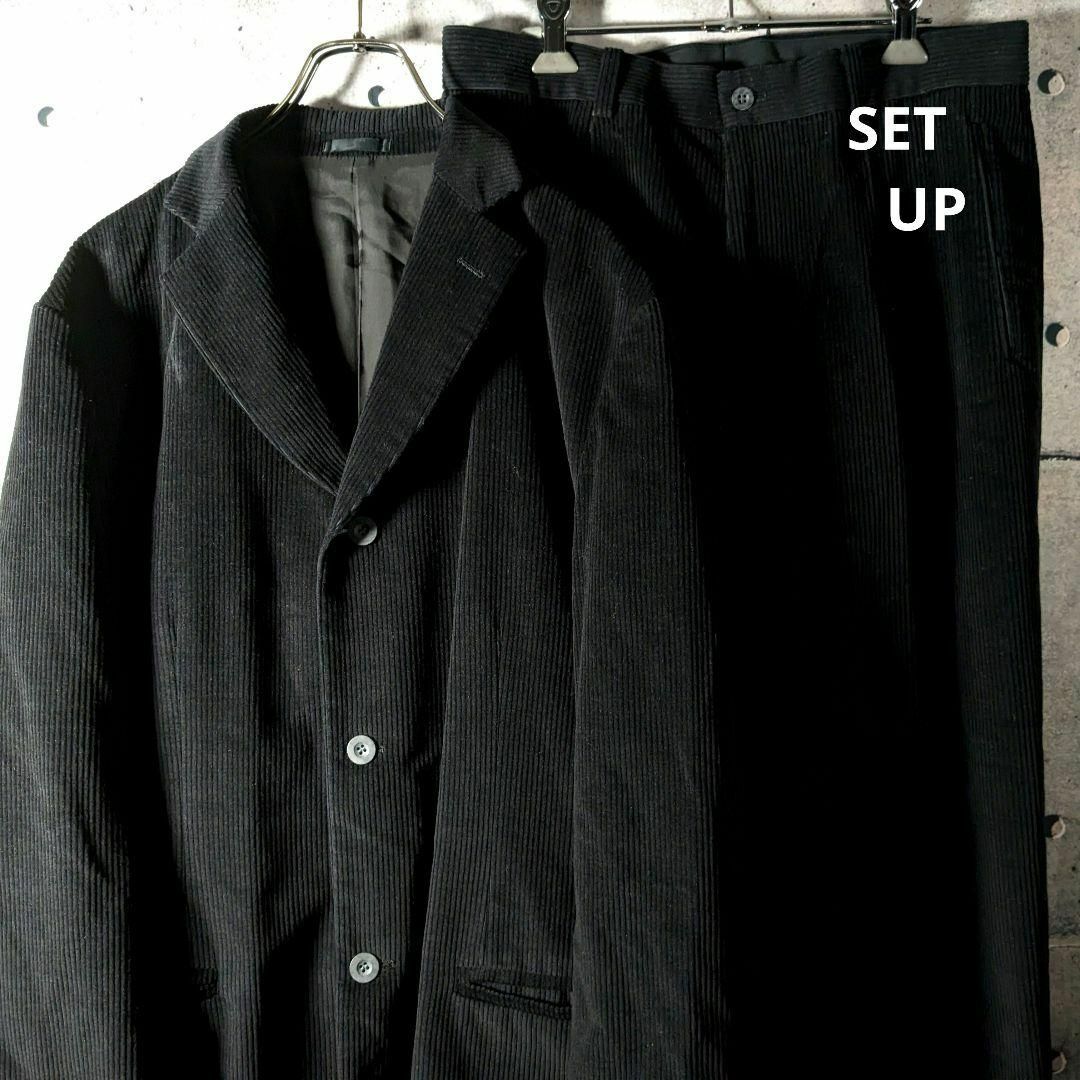VINTAGE(ヴィンテージ)の【古着】　90s　ビンテージ　コーデュロイ　テーラージャケット　セットアップ　黒 メンズのスーツ(セットアップ)の商品写真