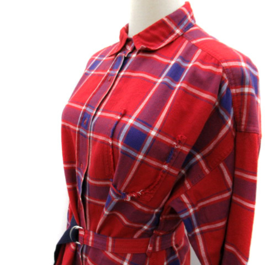 Mila Owen(ミラオーウェン)のミラオーウェン カジュアルシャツ 長袖 チェック柄 フリンジ ベルト付 0 赤 レディースのトップス(シャツ/ブラウス(長袖/七分))の商品写真