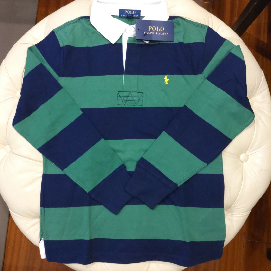 Ralph Lauren(ラルフローレン)の★新品★ラルフローレン　長袖ポロシャツ（ラガーシャツ）150　グリーン×ネイビー キッズ/ベビー/マタニティのキッズ服男の子用(90cm~)(Tシャツ/カットソー)の商品写真