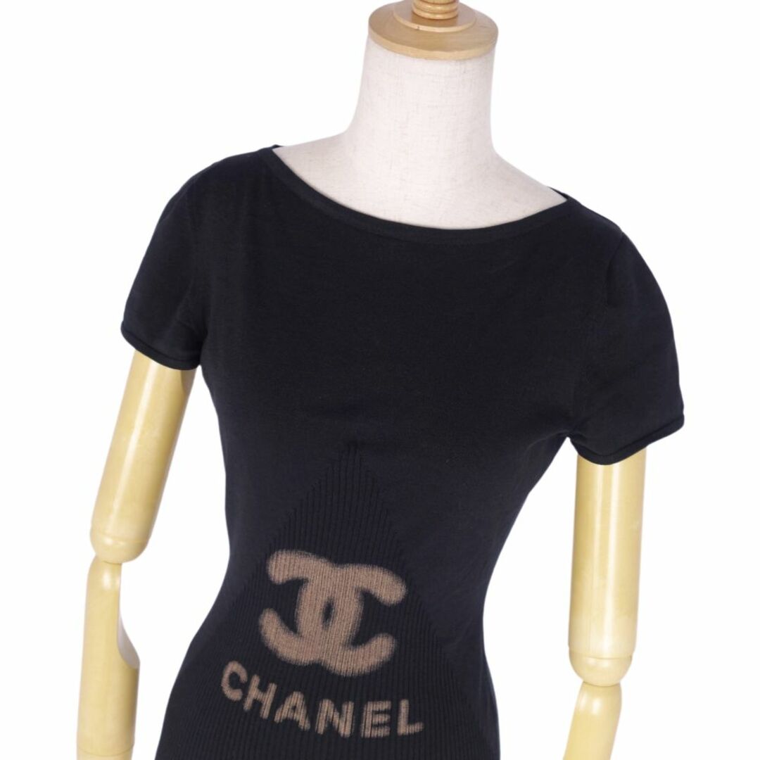 美品 シャネル CHANEL ニット P40676 セーター ショートスリーブ ココマーク ロゴ コットン シルク トップス レディース イタリア製 34(S相当) ブラック