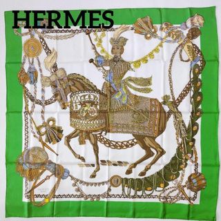 エルメス(Hermes)のエルメス カレ 90 ティンパニ奏者 グリーン 白 Le Timbalier 馬(バンダナ/スカーフ)