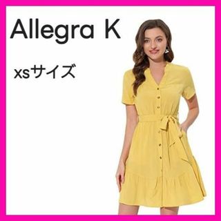 [Allegra K] シャツワンピース ドレス フリルカラーネック(ひざ丈ワンピース)