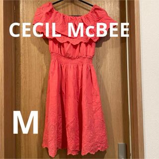 セシルマクビー(CECIL McBEE)のCECIL McBEE ワンピース サーモンピンク レース 肩出し 鎖骨見せ(ひざ丈ワンピース)