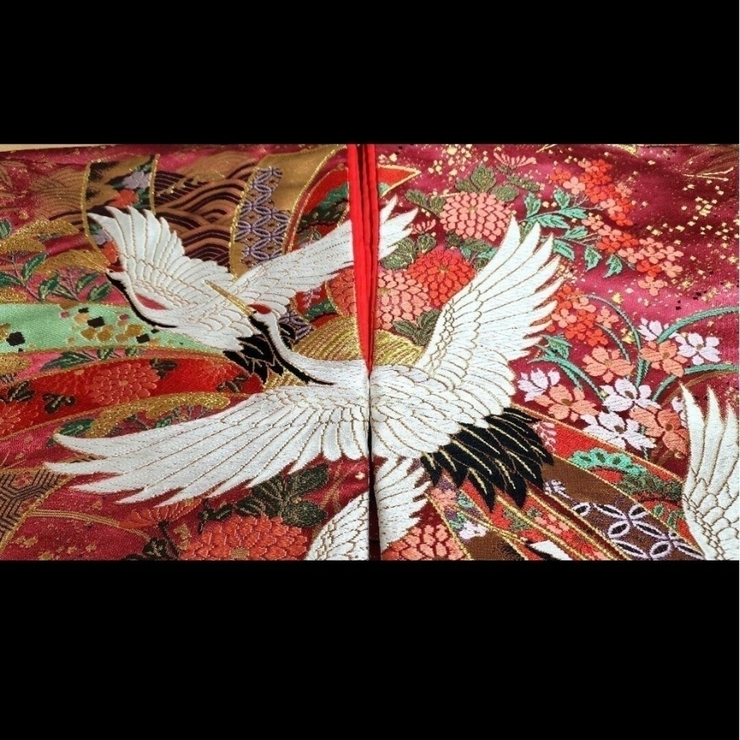 高級刺繍 美品 色打掛 花嫁 ブライダル 唐織 束ね熨斗飛鶴花文 高級刺繍 美品 色打掛 花嫁 ブライダル 唐織 束ね熨斗飛鶴花文
