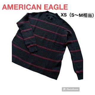 アメリカンイーグル(American Eagle)のアメリカンイーグル　ニット　薄手　ハイネック　ボーダー　黒　クルーネック(ニット/セーター)