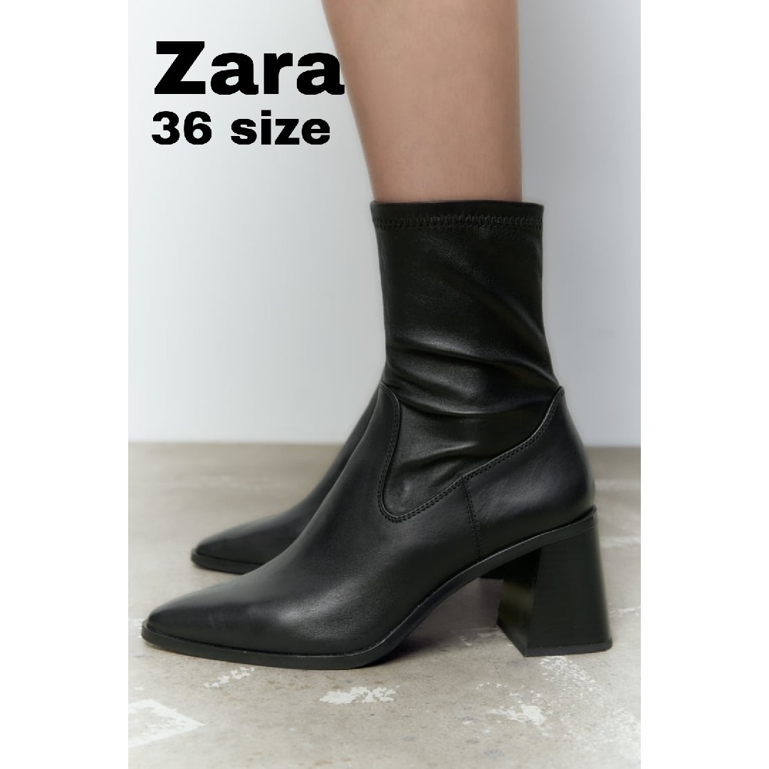 ZARA - ZARA レザーヒール アンクルブーツ 36サイズ ブラックの通販 by