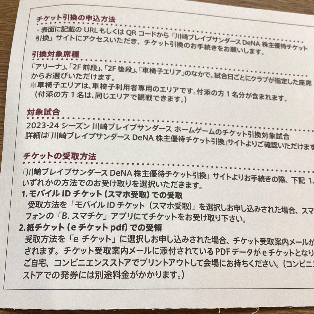 川崎ブレイブサンダース　チケット引換証　3枚　2023-2024シーズン　 チケットのスポーツ(バスケットボール)の商品写真