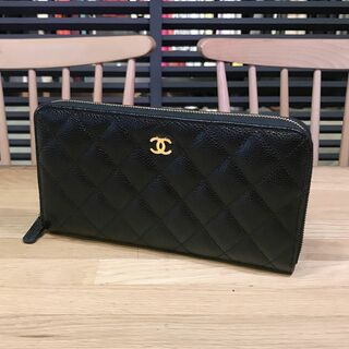 美品 箱付き シャネル CHANEL カンボンライン 折り財布 黒 ブラック2箇所ポケット