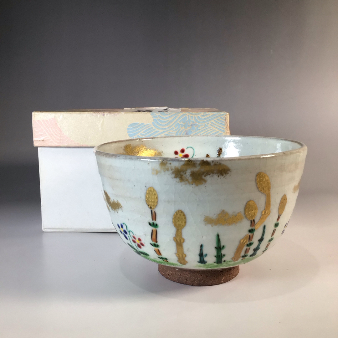 ラ６３５　茶碗　『京焼』『在銘』『金彩色絵　春の野』　抹茶碗　紙箱　茶道具 | フリマアプリ ラクマ