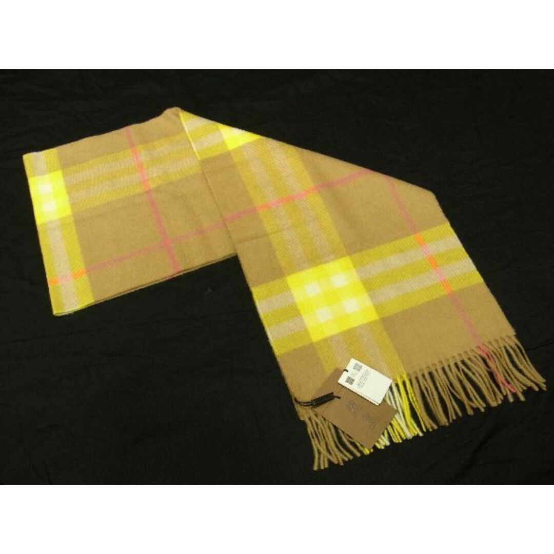 BURBERRY(バーバリー)の■新品■未使用■ BURBERRY バーバリー カシミヤ100％ チェック フリンジ マフラー ストール 防寒具 ベージュ系×イエロー系 AT6424  レディースのファッション小物(マフラー/ショール)の商品写真