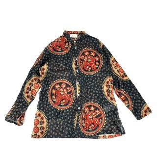 グッチ(Gucci)のGUCCI グッチ 長袖シャツ ブラウス トップス 透け感 レオパード ヒョウ アパレル 薄手 服 総柄 プリーツ 54 ネイビー 紺 レッド 赤 コットン    メンズ 春 秋【中古品】(シャツ)