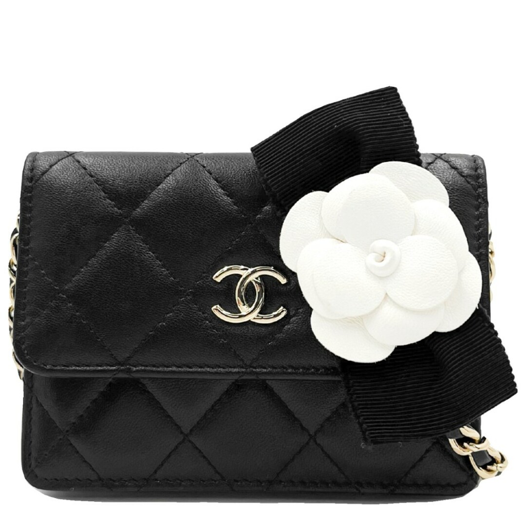 CHANEL シャネル チェーンウォレット マトラッセ カメリアリボン ココマーク ココ ミニポーチ 肩掛け 斜め掛け カードケース 財布 小さめ ラムスキン    ブラック 黒 ゴールド金具 レディース 美品【品】約110cm幅