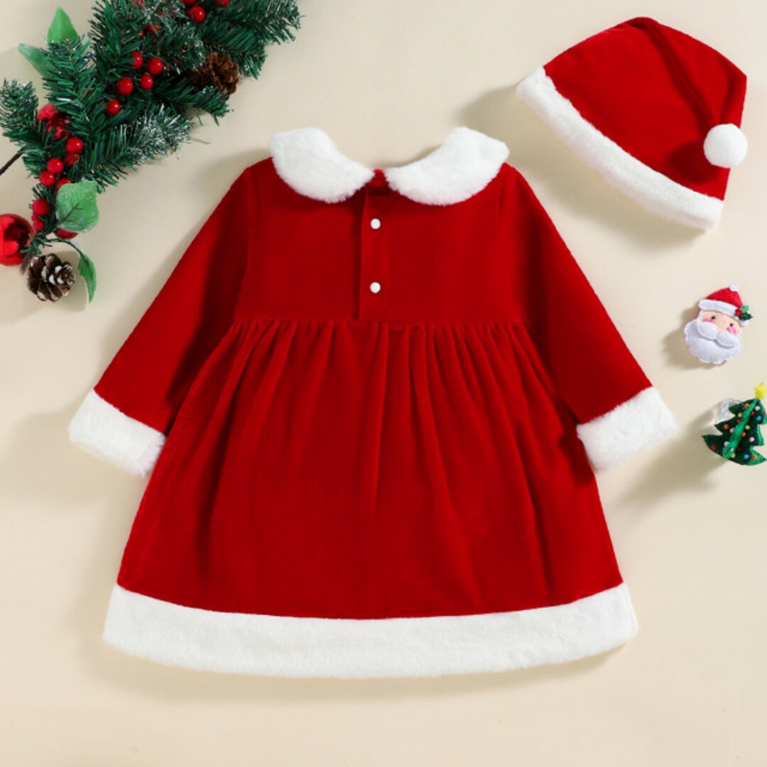 ワンピース【110】クリスマス 帽子付き 2点セット サンタ キッズ 女の子 キッズ/ベビー/マタニティのキッズ服女の子用(90cm~)(ワンピース)の商品写真