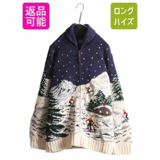 ラルフローレン(Ralph Lauren)の手編み 90s LAUREN ラルフローレン ウール ハンド ニット カウチン セーター ジャケット レディース L / オールド フルジップ ハンドメイド(ニット/セーター)