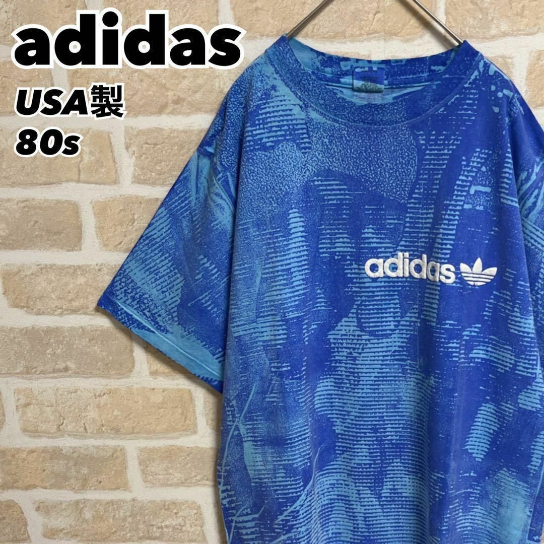 adidas(アディダス)の80s USA製 adidas アディダス Tシャツ ブルー 総柄 ロゴ バスケ メンズのトップス(Tシャツ/カットソー(半袖/袖なし))の商品写真