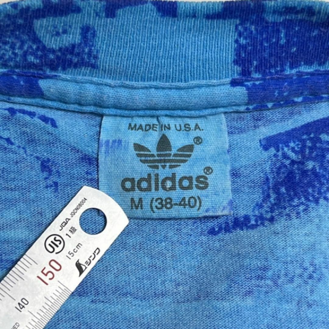 adidas(アディダス)の80s USA製 adidas アディダス Tシャツ ブルー 総柄 ロゴ バスケ メンズのトップス(Tシャツ/カットソー(半袖/袖なし))の商品写真