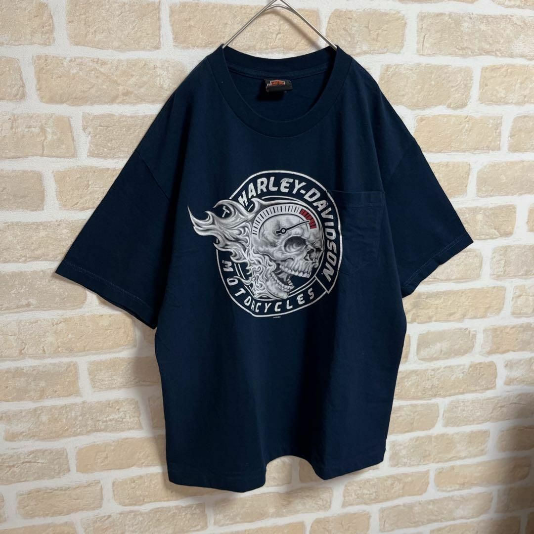 Harley Davidson(ハーレーダビッドソン)のHARLEY DAVIDSON Tシャツ スカル ネイビー ポケット L メンズのトップス(Tシャツ/カットソー(半袖/袖なし))の商品写真