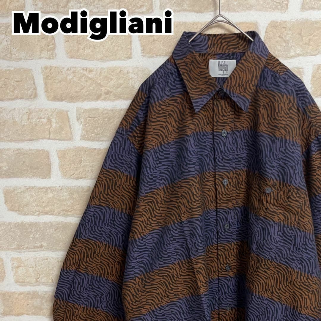 VINTAGE(ヴィンテージ)のModigliani モディリアーニ 総柄シャツ 長袖 パープル×ブラウン M メンズのトップス(シャツ)の商品写真