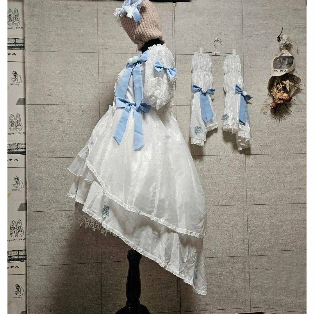 編み上げテールドレス ゴスロリ ロリータワンピ  ベッドドレスセット白ブルー L エンタメ/ホビーのコスプレ(衣装)の商品写真