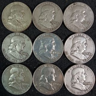 銀貨ベンジャミンフランクリン1958年 ハーフダラーsilver900 銀貨美品(金属工芸)