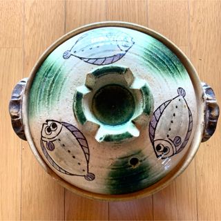 ヴィンテージ(VINTAGE)の信楽焼き 土鍋 鍋 煮込み鍋 浅型鍋 魚 ヒラメ カレイ 緑 昭和レトロ(鍋/フライパン)