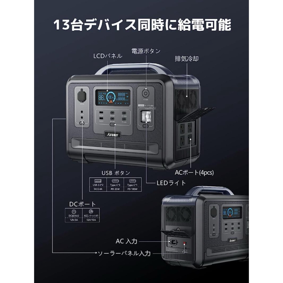 ポータブル電源  AFERIY 1202A　最大2400W 新品未使用　送料無料 インテリア/住まい/日用品の日用品/生活雑貨/旅行(防災関連グッズ)の商品写真