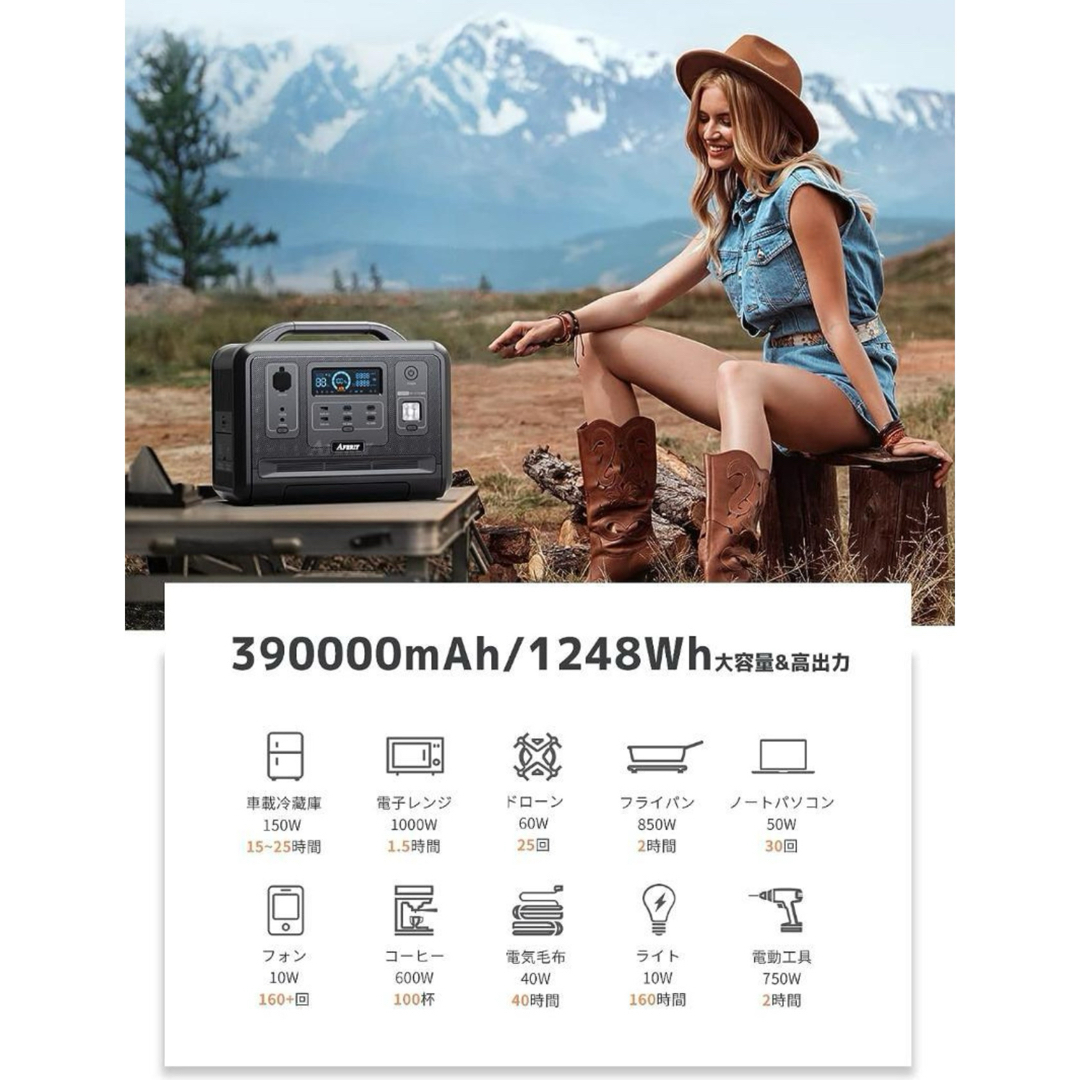 ポータブル電源  AFERIY 1202A　最大2400W 新品未使用　送料無料 インテリア/住まい/日用品の日用品/生活雑貨/旅行(防災関連グッズ)の商品写真