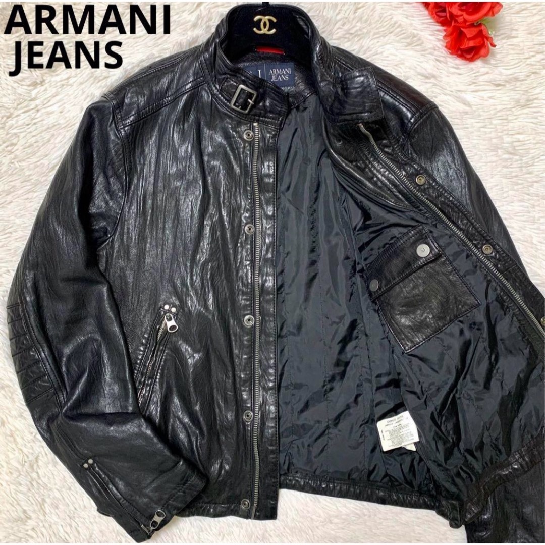 ARMANI JEANS(アルマーニジーンズ)の【美品/極上デザイン】ARMANI JEANS 本革 レザーライダース 48 メンズのジャケット/アウター(レザージャケット)の商品写真